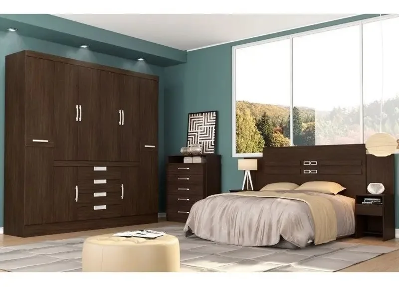 Jogo De Quarto Casal Realce Com Cômoda Triunfo Ébano - D