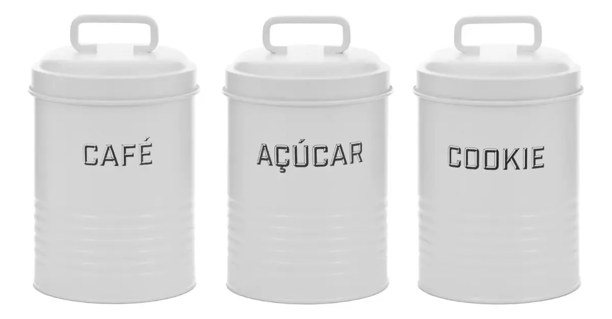 Conjunto 3 Latas Pote Café Açúcar E Biscoito Preto E Branco Cor Branco/branco