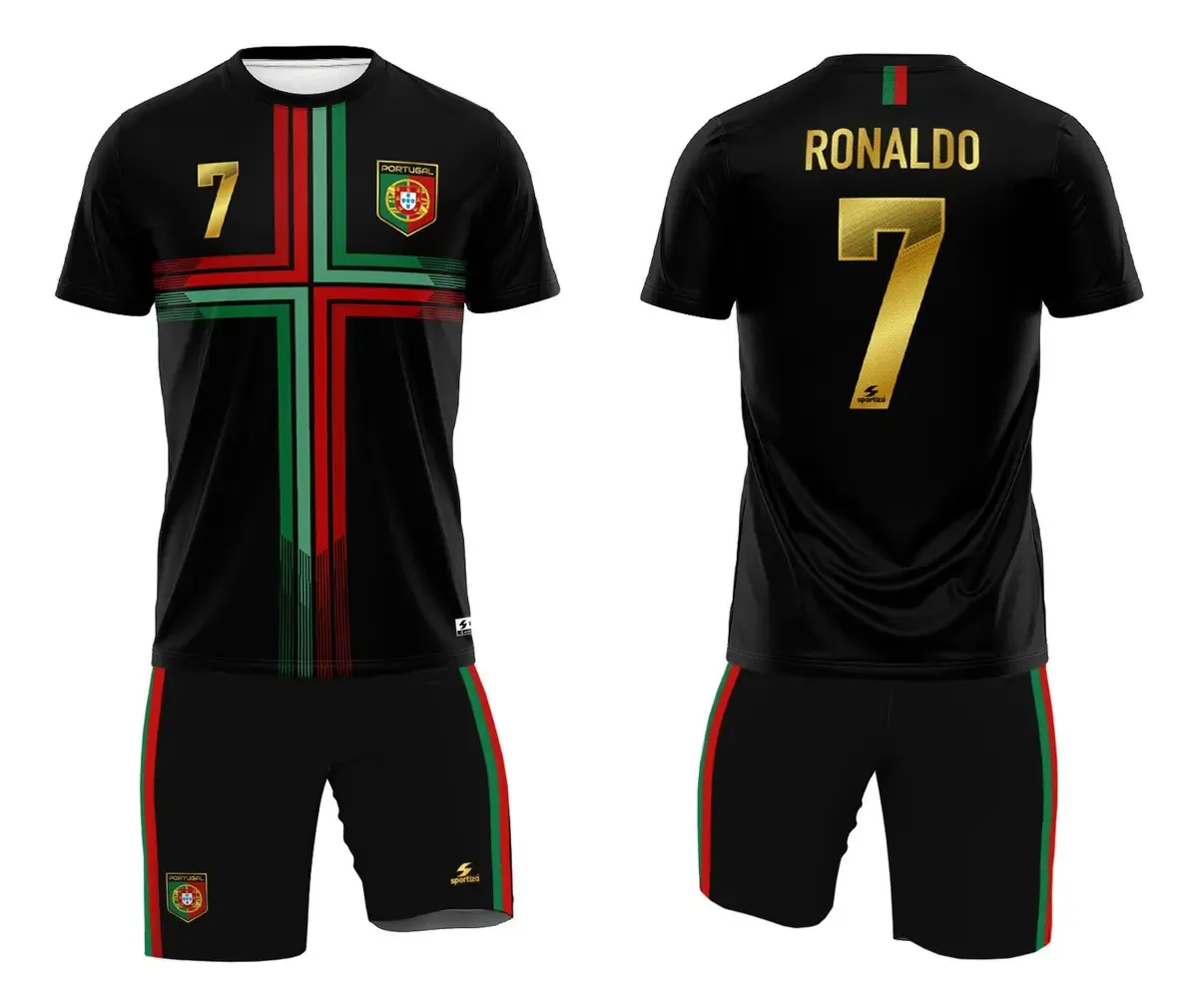 Kit Uniforme Cristiano Ronaldo Portugal Preto Camisa Shorts Tamanho Infantil 14