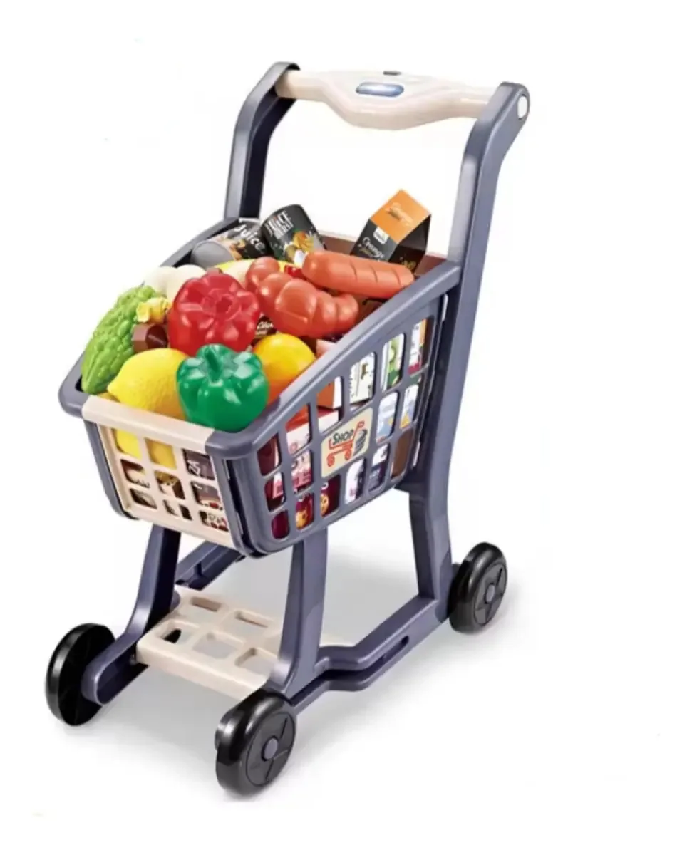 Carrinho De Compras Infantil 41pçs Enlatados Frutas Som Luz Cor Azul