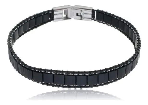 Bracelete Rosso Aço 21cm Gomos Quadrados Black Bordas Couro