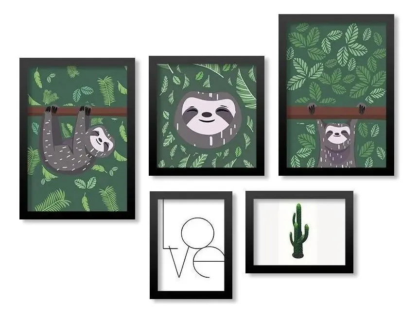 Kit 5 Quadros Los Quadros Love Preguiças Moldura Preta