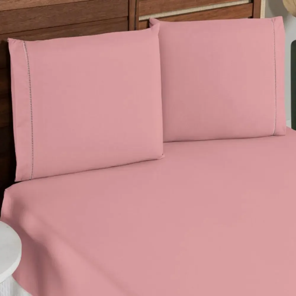 Jogo de Lençol Casal Am Bordados 400 Fios Micropercal Rosa Ponto Palito