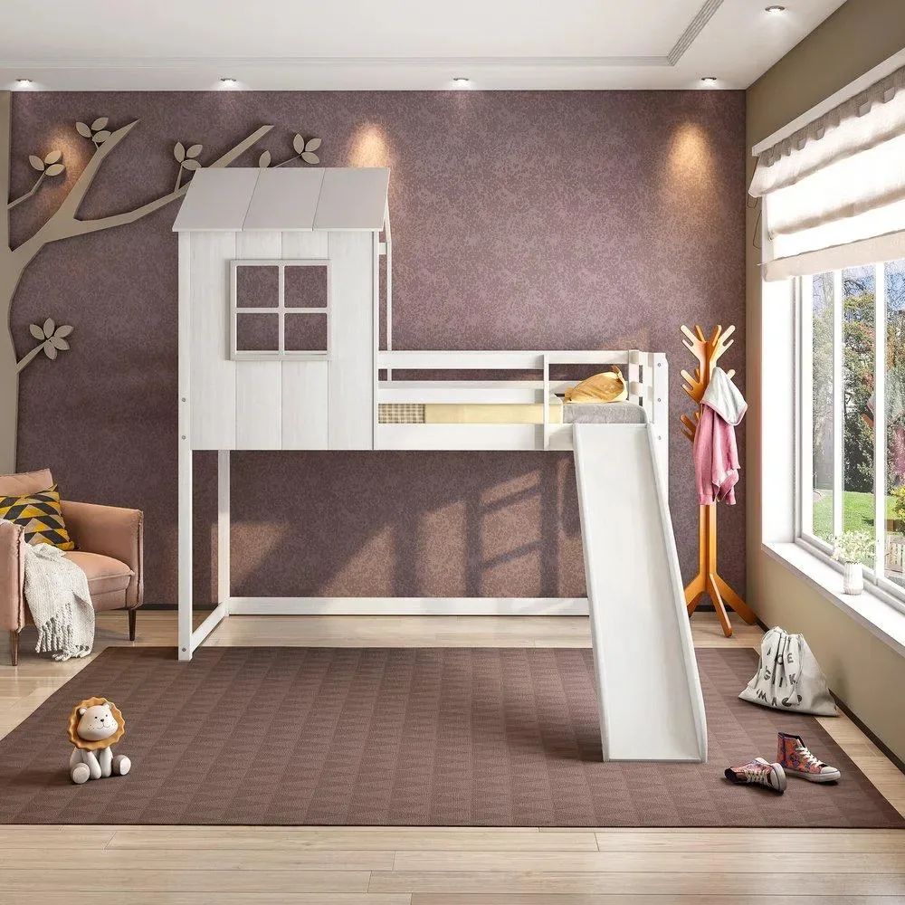 Cama Alta Infantil Cabana Family Com Escorregador Casatema Branco