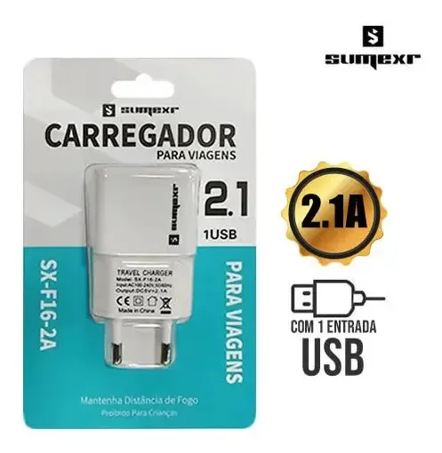 Carregador De Parede Sumexr USB Turbo SX-F16-2A Branco Bivolt 5V 2.1A