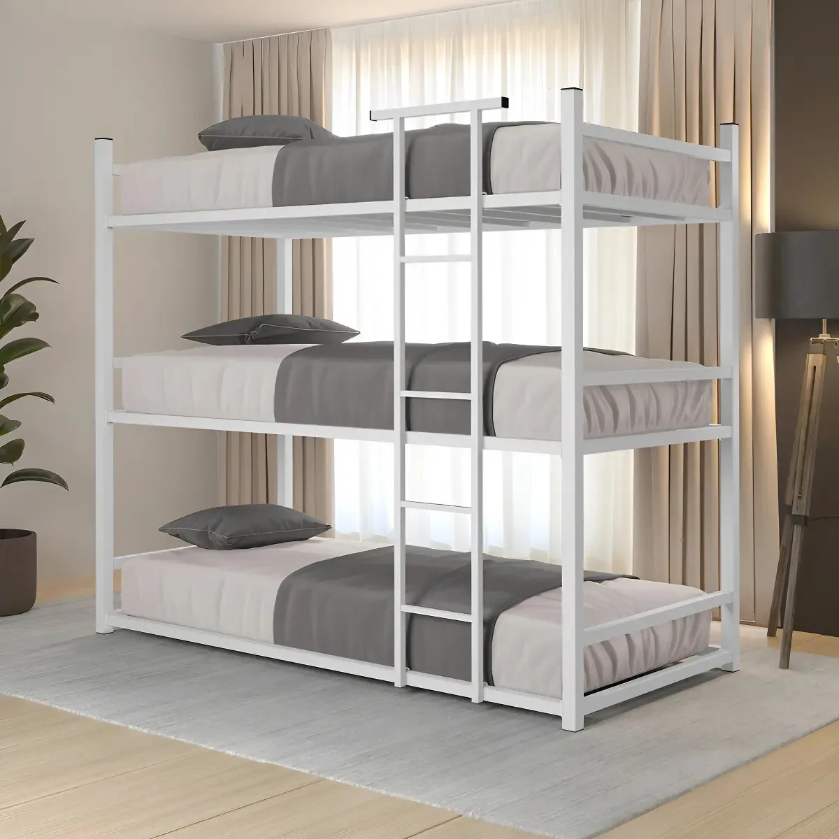 Treliche De Aço Industrial Ferro 3 Camas Josy Com Escada Moviano Móveis Branco