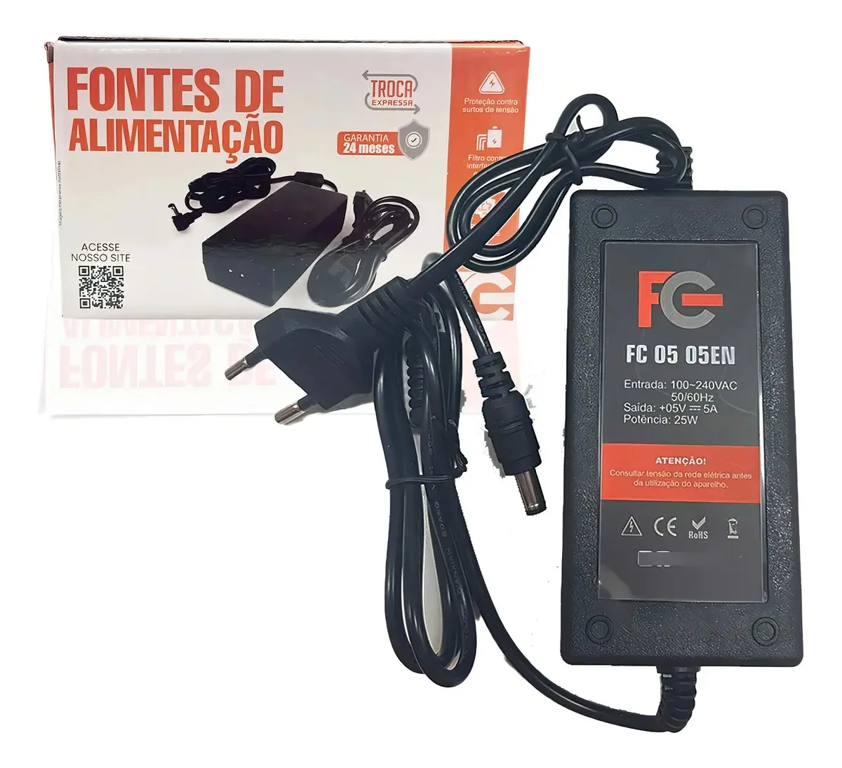 Fonte Bivolt 5v 5a Automática Pino P4 5,5 2,1mm Fc Fontes