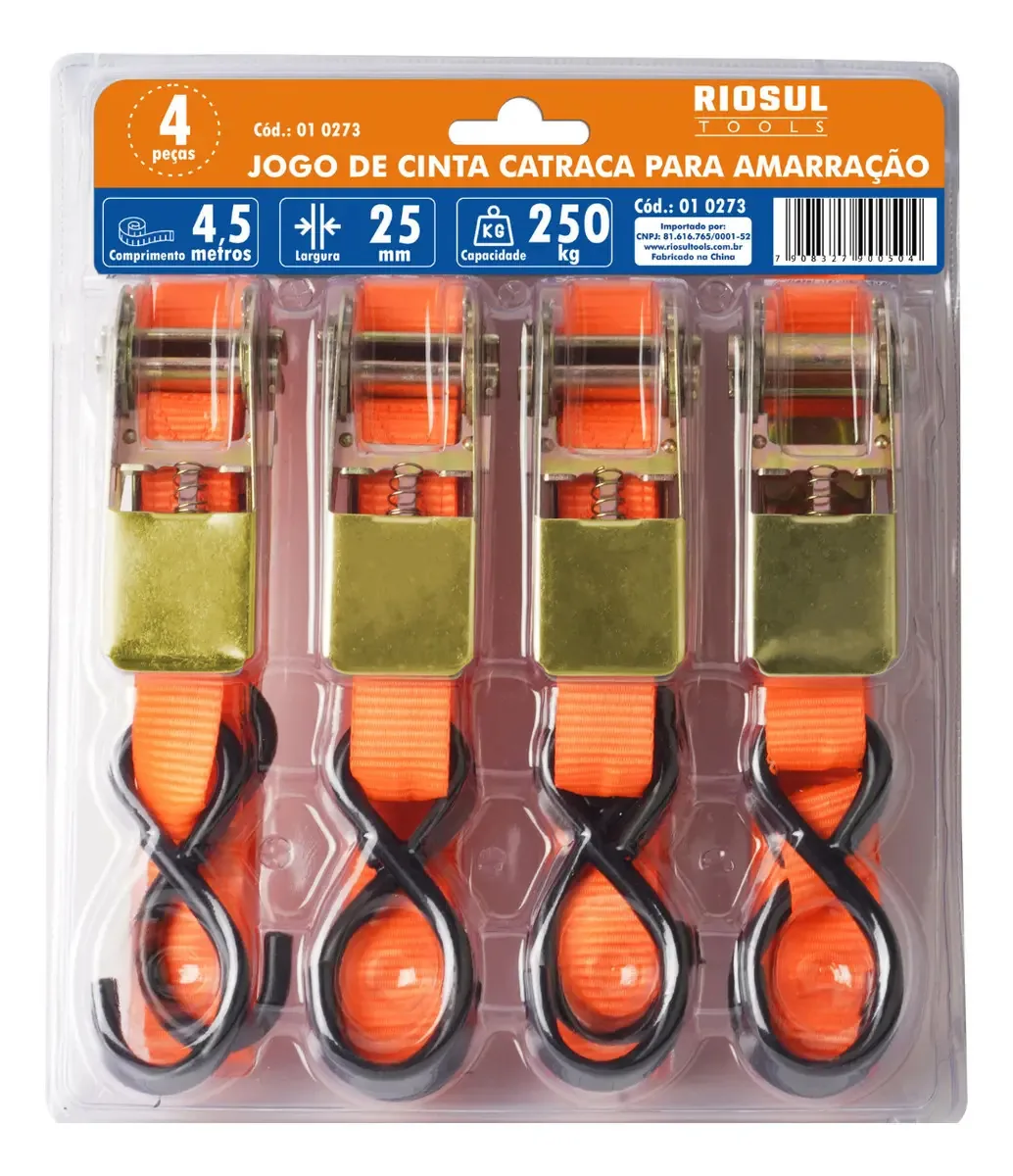 Kit 4 Cintas Catraca 25mmx4,5m para cargas de até 250kg - Amarração - Riosul Tools Cor Laranja