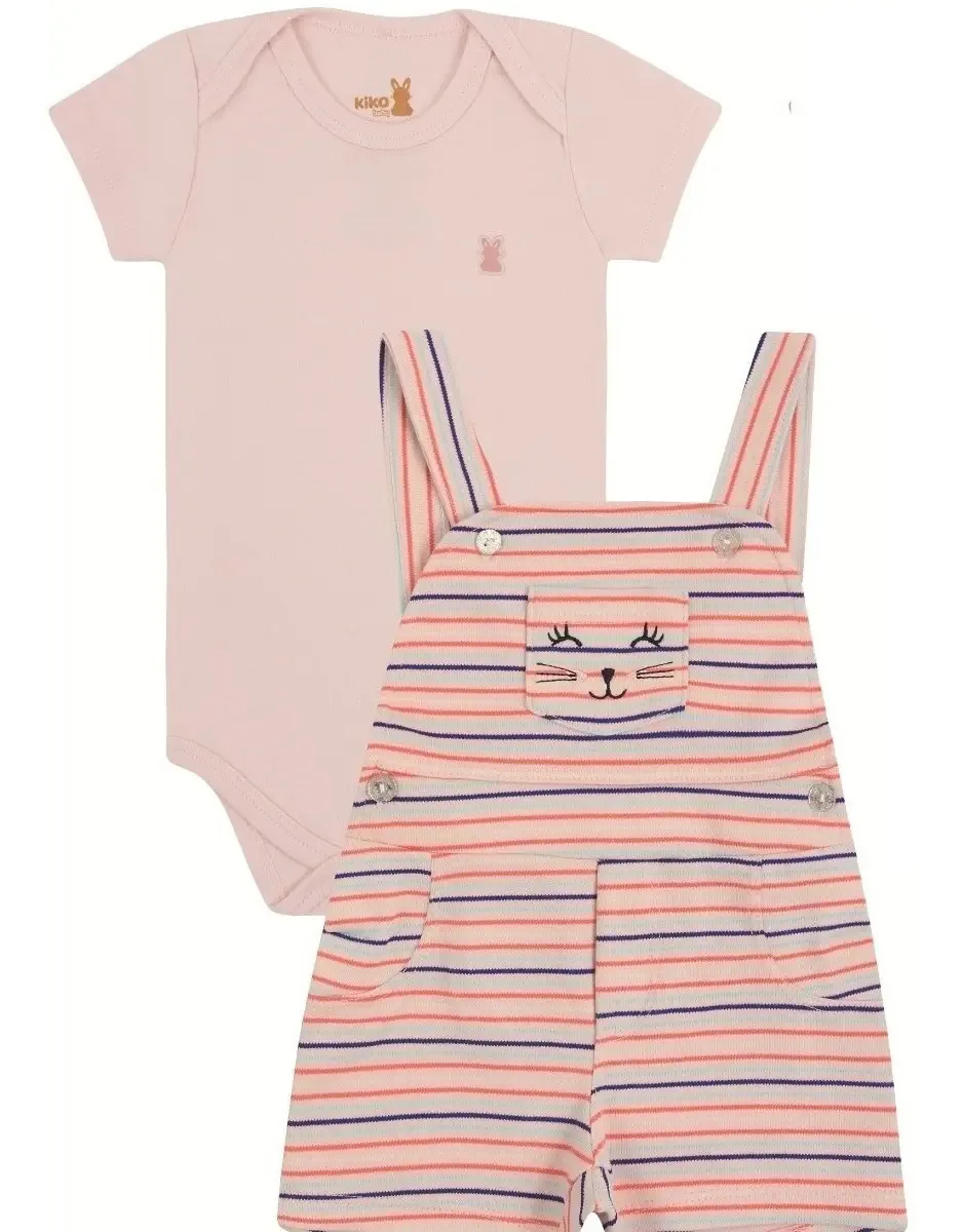 Conjunto Bebê Jardineira E Body / Roupas Para Bebê Menina Cor Rosa Tamanho G