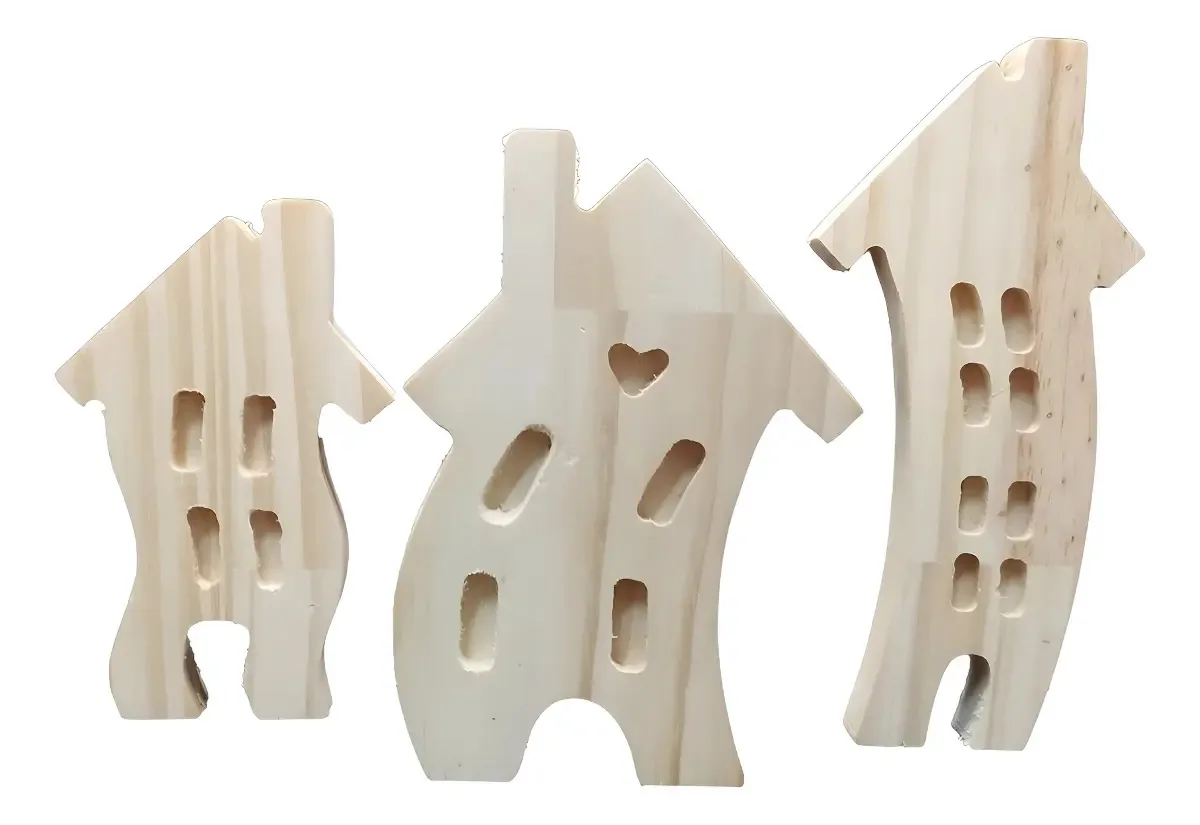 Kit 3 Miniaturas Casinhas De Madeira Pinus Para Decoração