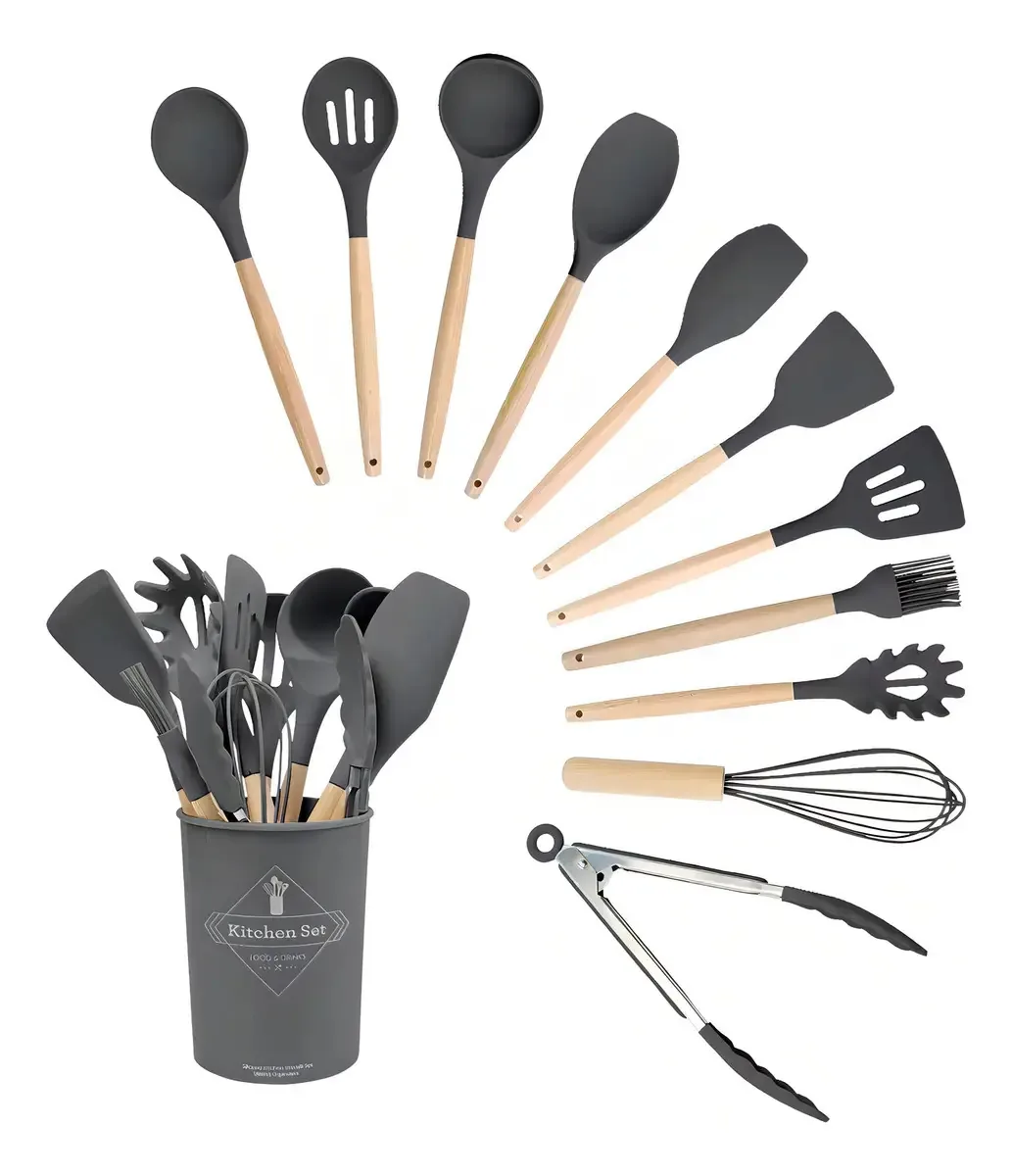 Kit 12 Peças Utensílios Silicone Cabo Madeira Fouet Pegador