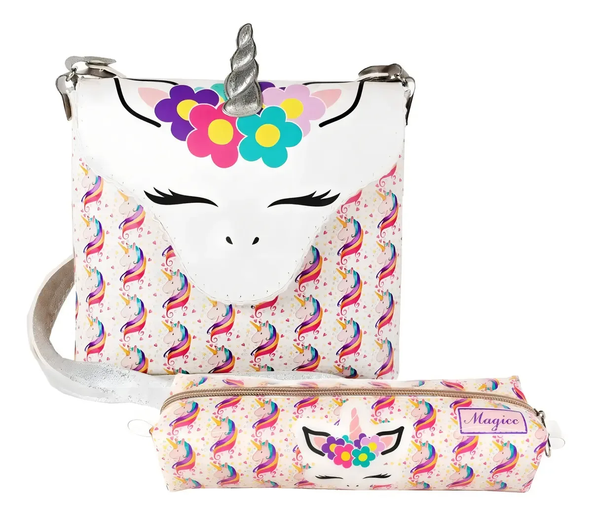 Kit Infantil Magicc Bolsas Bolsa e Estojo Unicórnio Estampado