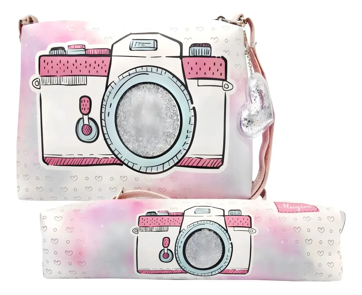 Kit Infantil Bolsa e Estojo Câmera Magicc com Zíper Couro Sintético