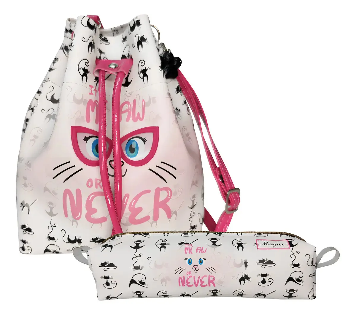 Kit Infantil Magicc Bolsa E Estojo Gatinha Rosa Com Óculos 3D