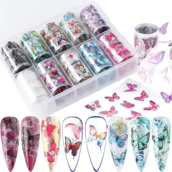 10 Rolos Nail Foil Unhas Decoracao Porcelana Gel Uv Adesivo Borboleta