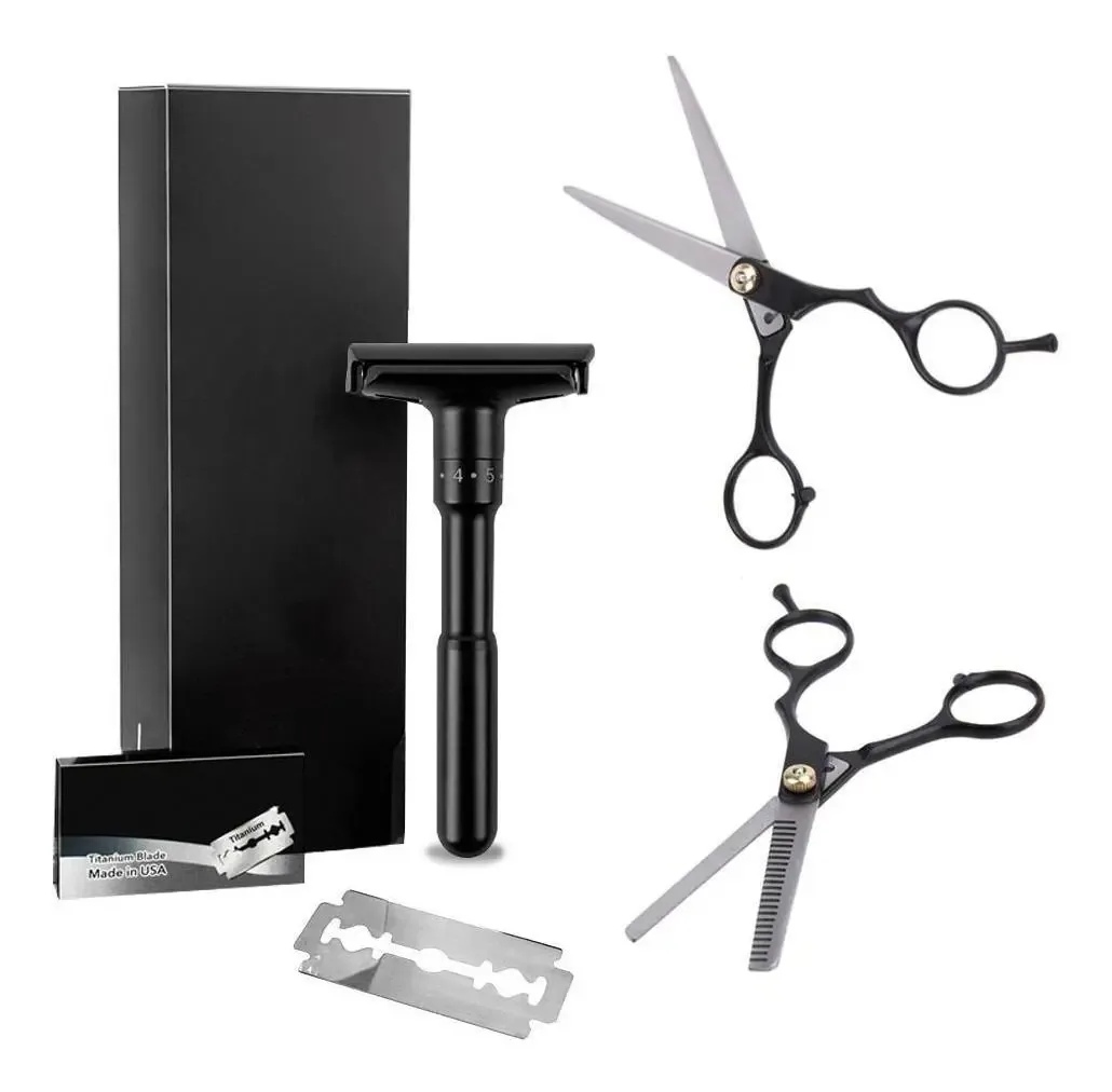 Aparelho Barbear Preto Fosco + 2 Tesouras 5,5 Design Luxoso