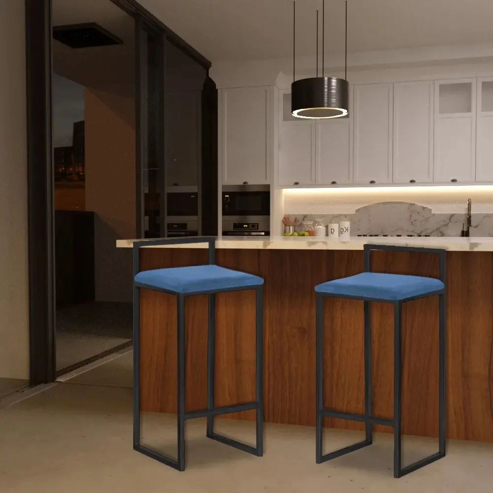 2 Banqueta Selena Base Preta Suede Azul Marinho - Gran Belo