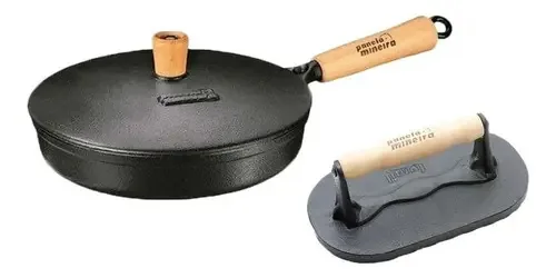 Kit Frigideira 23cm E Prensador De Carnes De Ferro Fundido