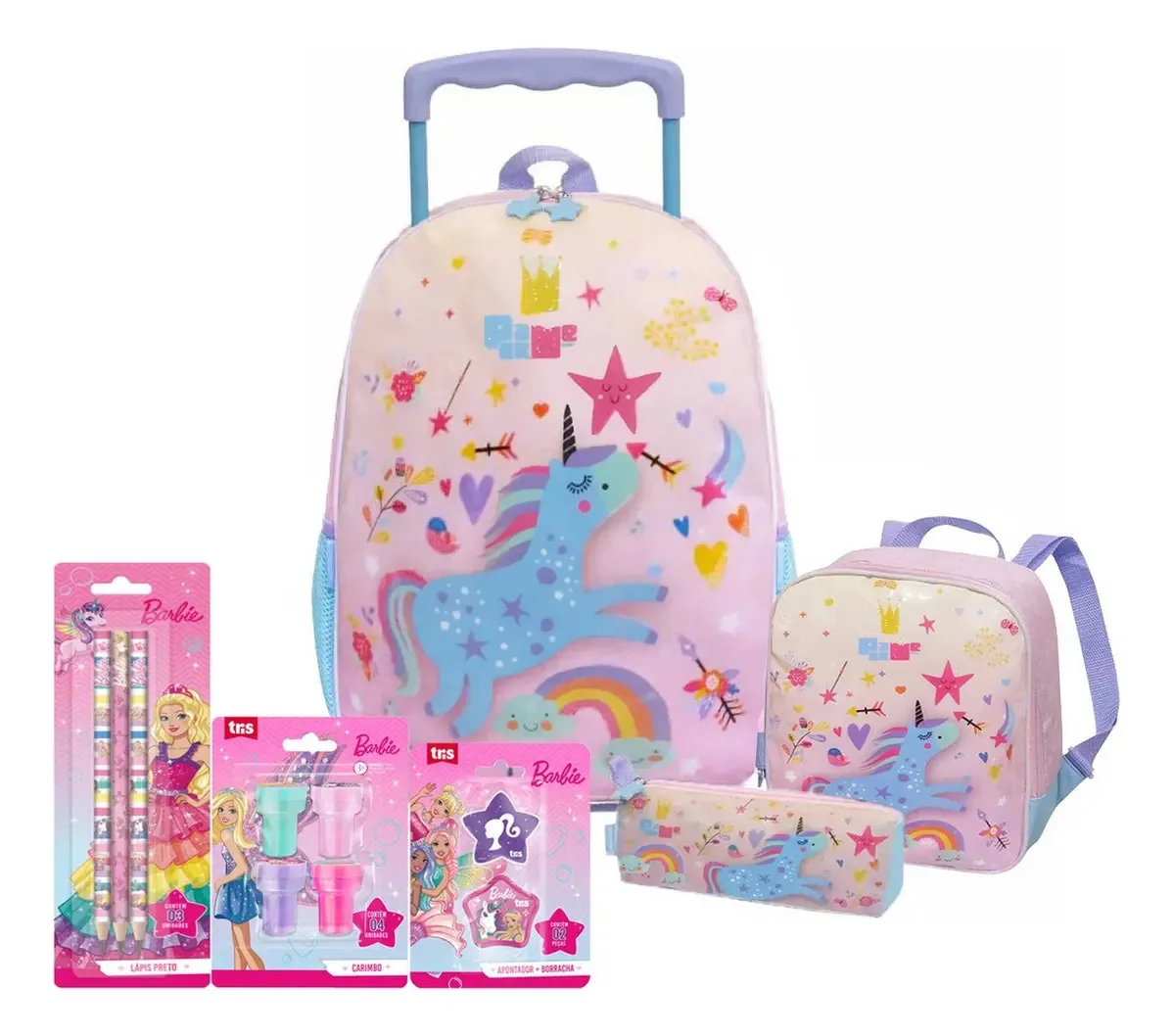 Mochila Rodinhas Unicórnio Impermeável Material Barbie Cor Rosa