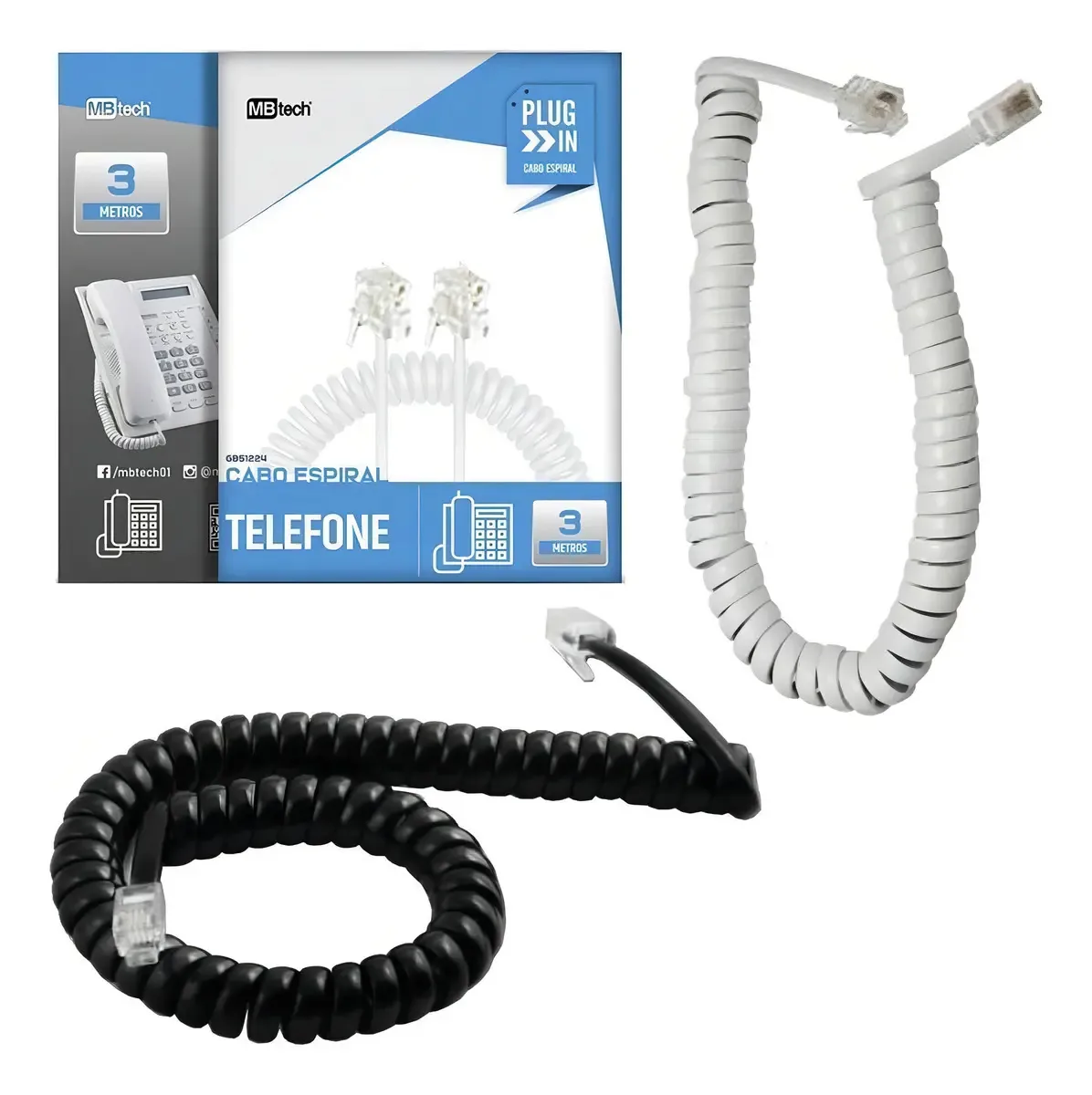 Cabo Espiral Para Telefone Preto / Branco 3m