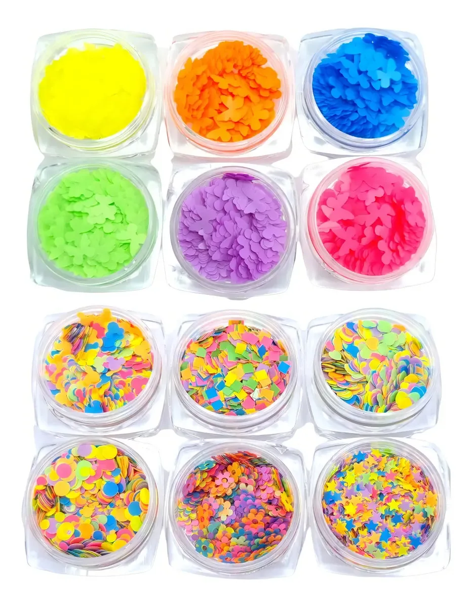 Kit 12 Decoração Neon Unhas Gel Nail Art Glitter Flocado
