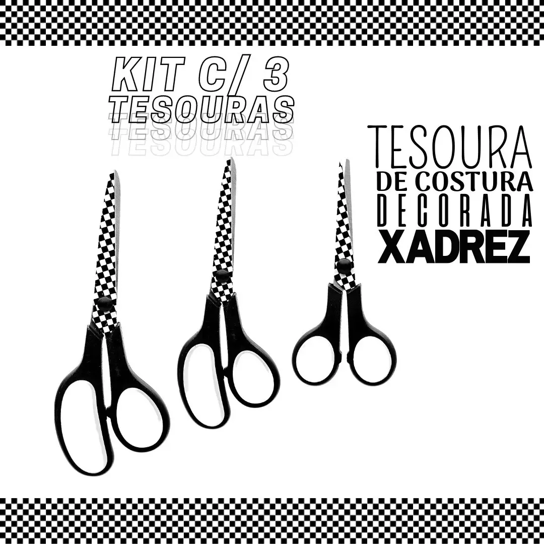Tesoura De Costura Decorada Xadrez Kit C/ 03 - Nybc