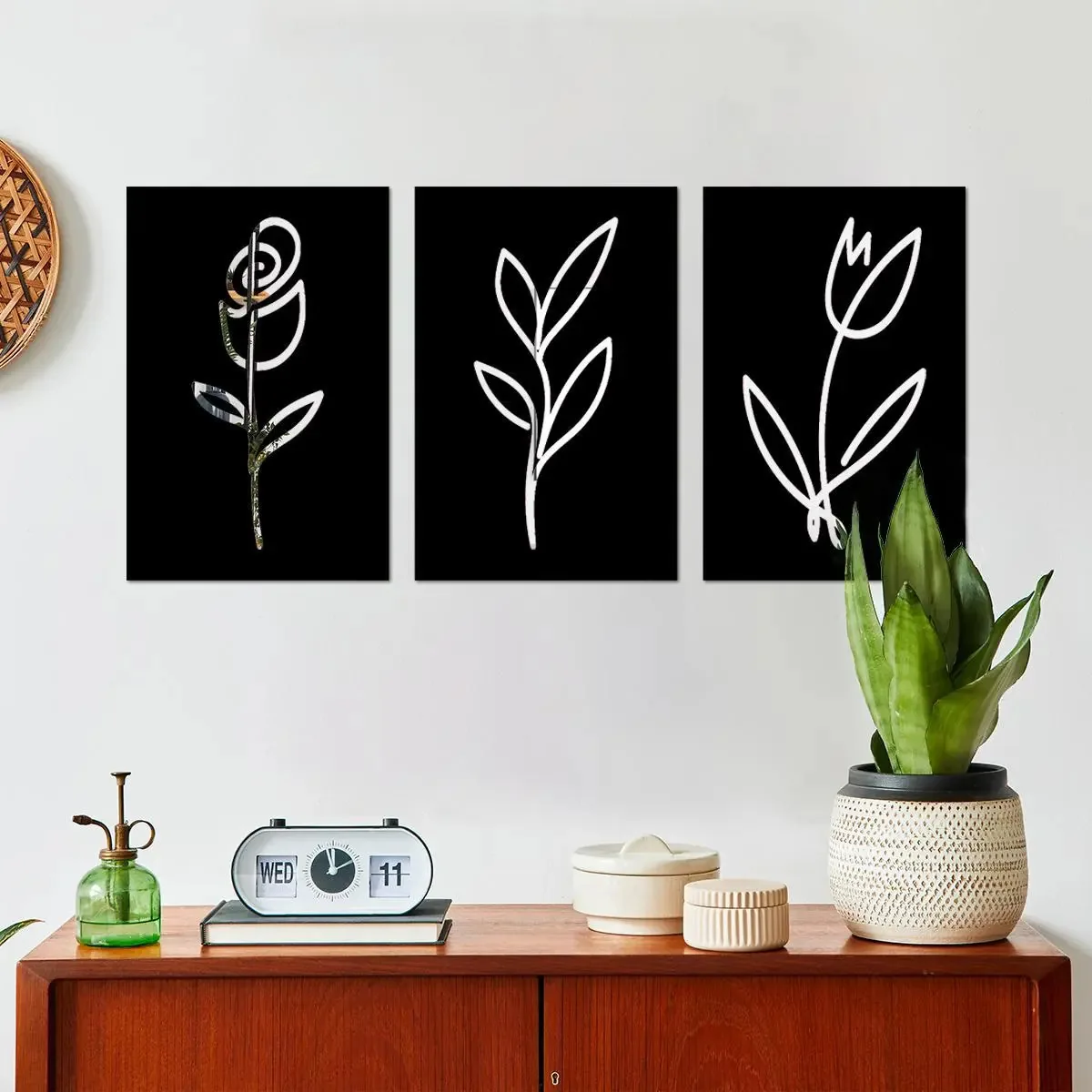 Kit Quadros Decorativos Espelhados Flores Prata