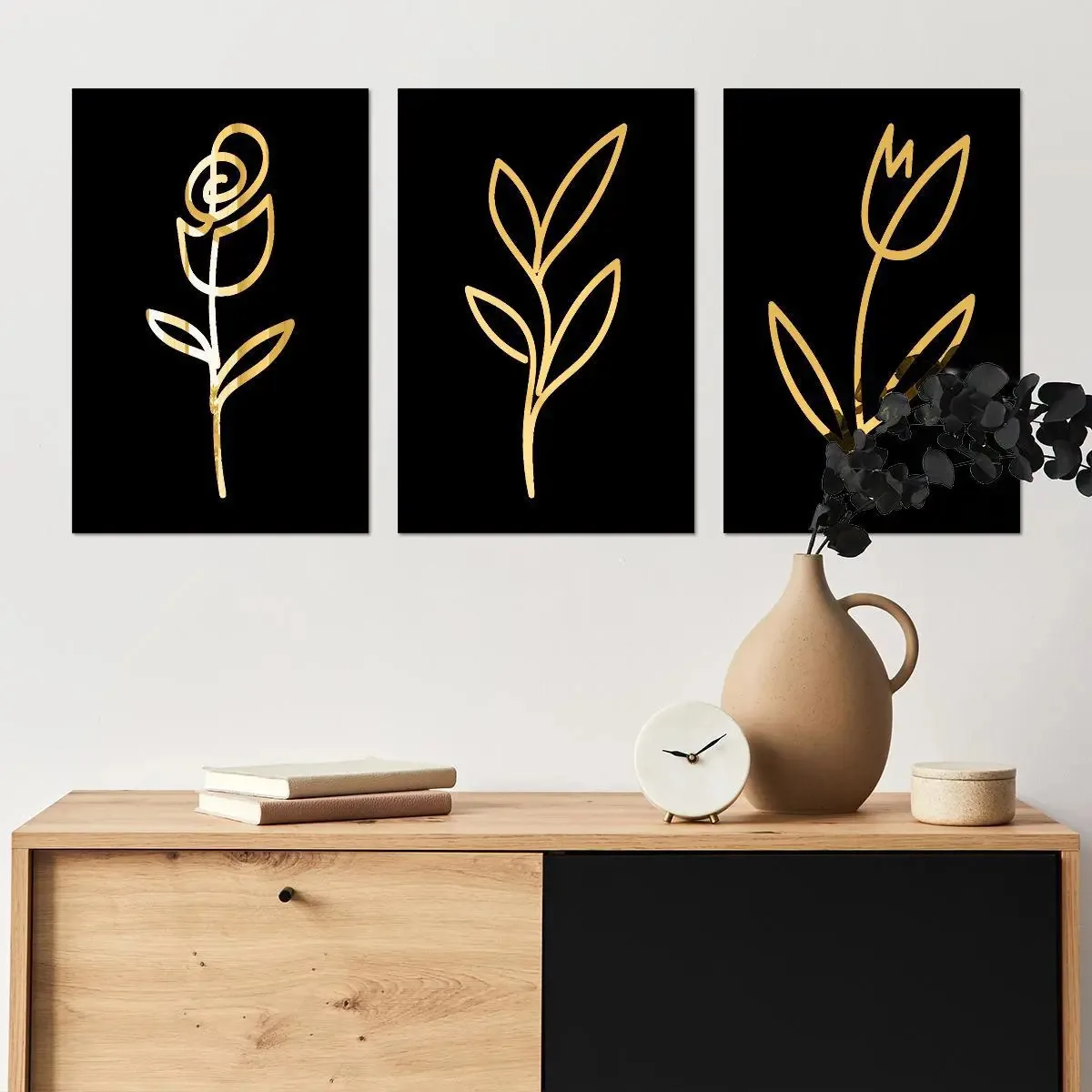 Kit Quadros Decorativos Espelhados Flores Dourado