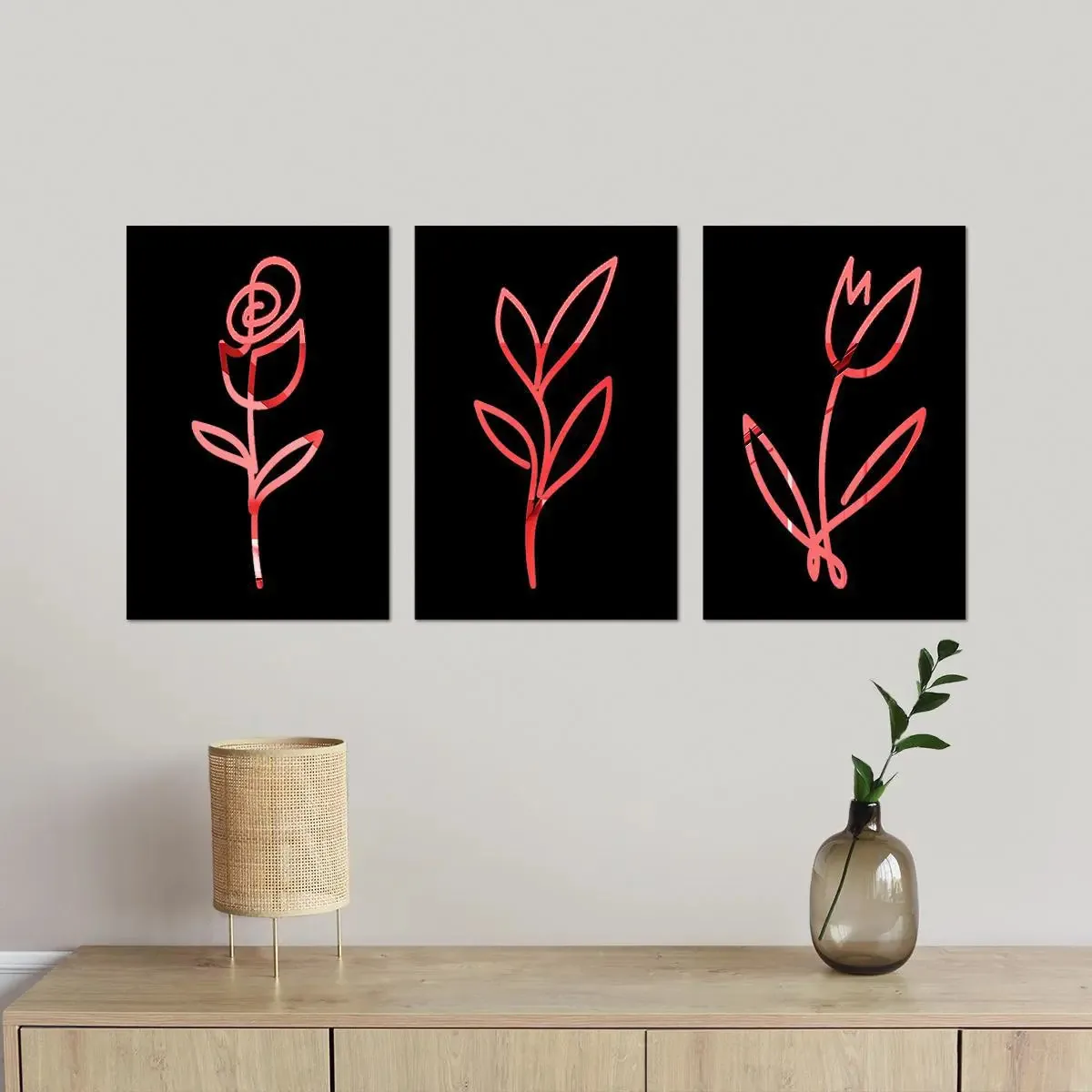 Kit Quadros Decorativos Espelhados Flores Vermelho