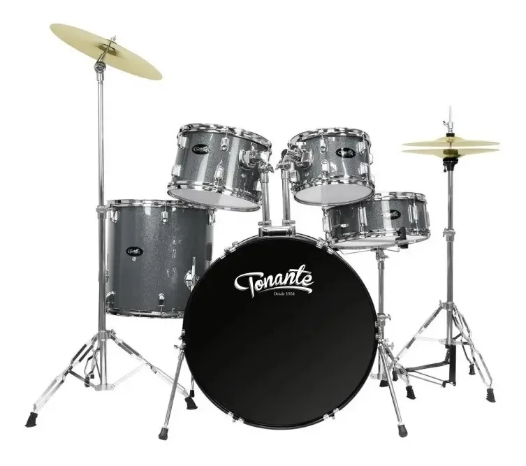 Bateria Acústica Tonante + Kit De Ferragens + Banco + Baqta Cor Cinza