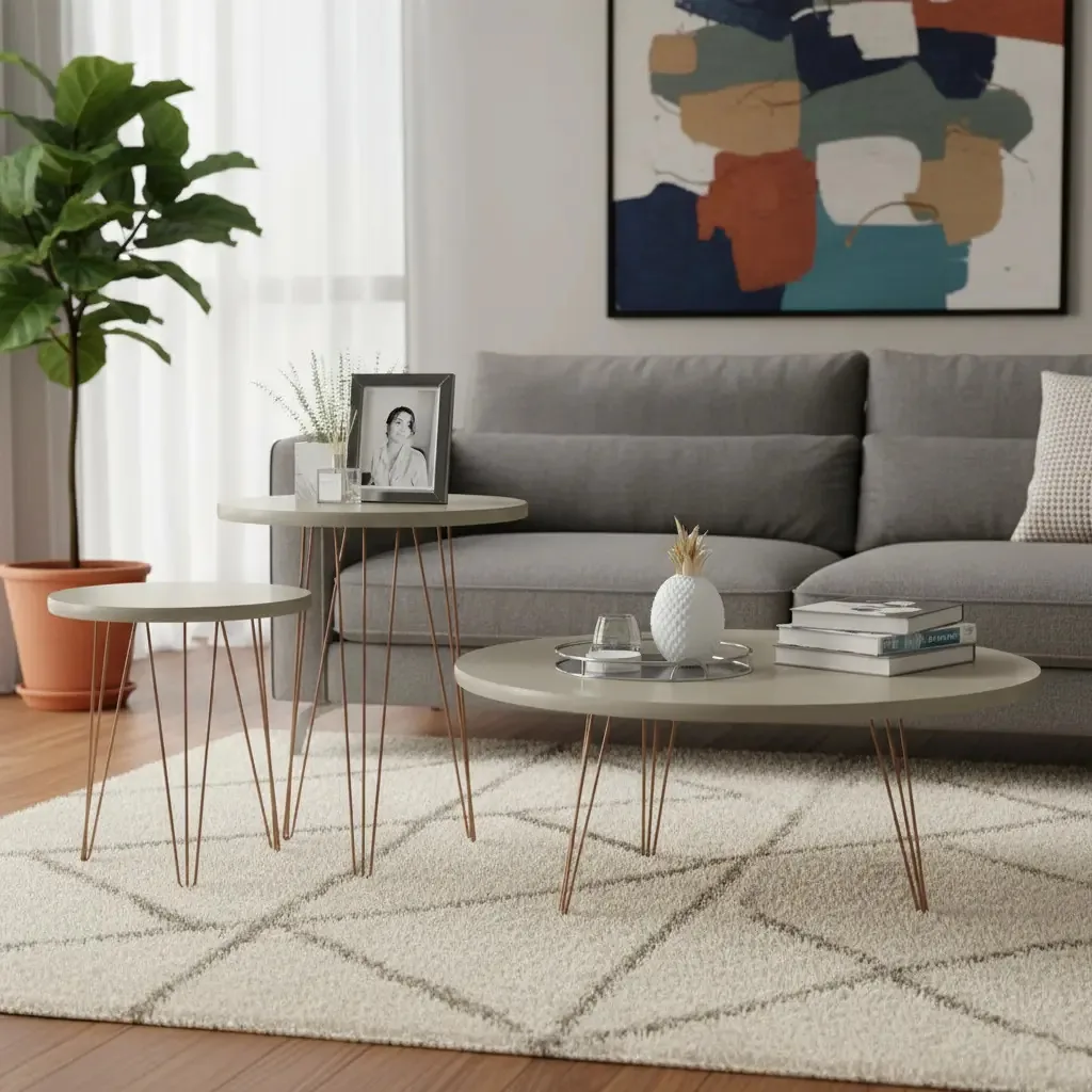 Conjunto Mesas De Centro Redondas Evolution Base Aço Off Whi Cor Branco