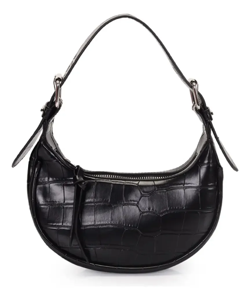 Bolsa Baguete Pequena Croco Com Fivelas E Ilhoses Na Alça Wj Cor Preto