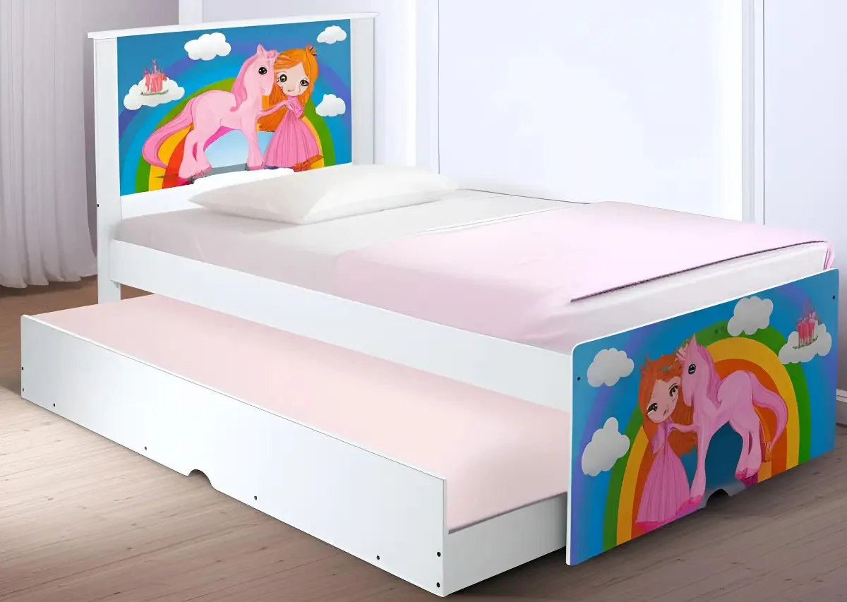 Bicama Solteiro Tebarrot Princesa Unicórnio com Colchões MDF Branco