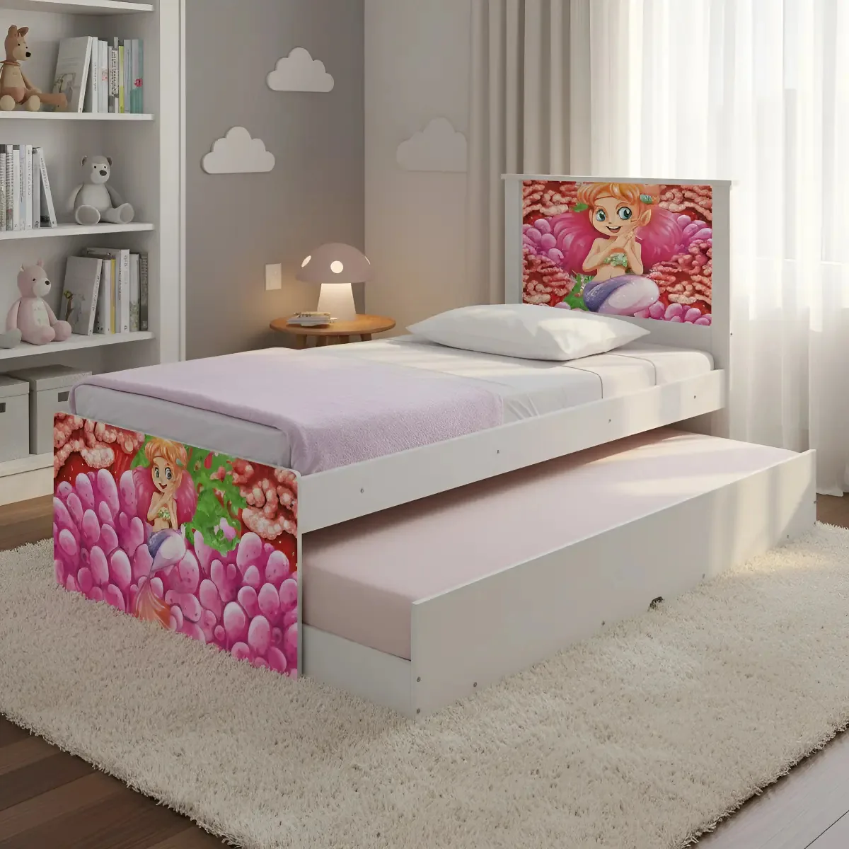 Bicama Juvenil Sereia e Corais com 2 Colchões D20 e Cama Auxiliar Branco