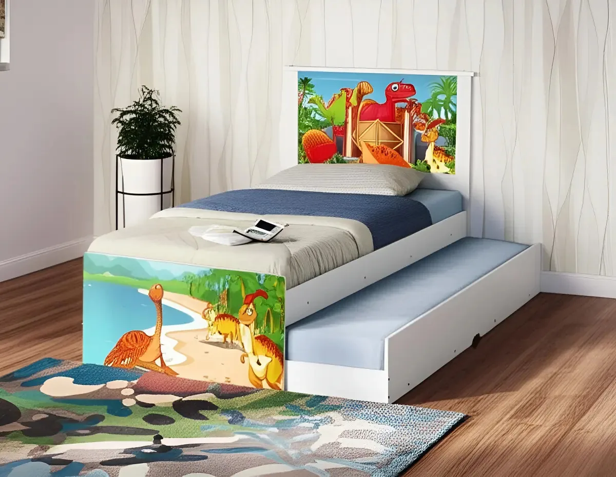 Bicama Solteiro CasaH Dinossauro Branco MDF com 2 Colchões Espuma D20