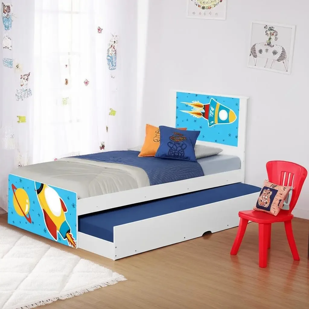 Bicama Infantil Solteiro CasaH Adesivada Foguete Com Colchões MDF Branco