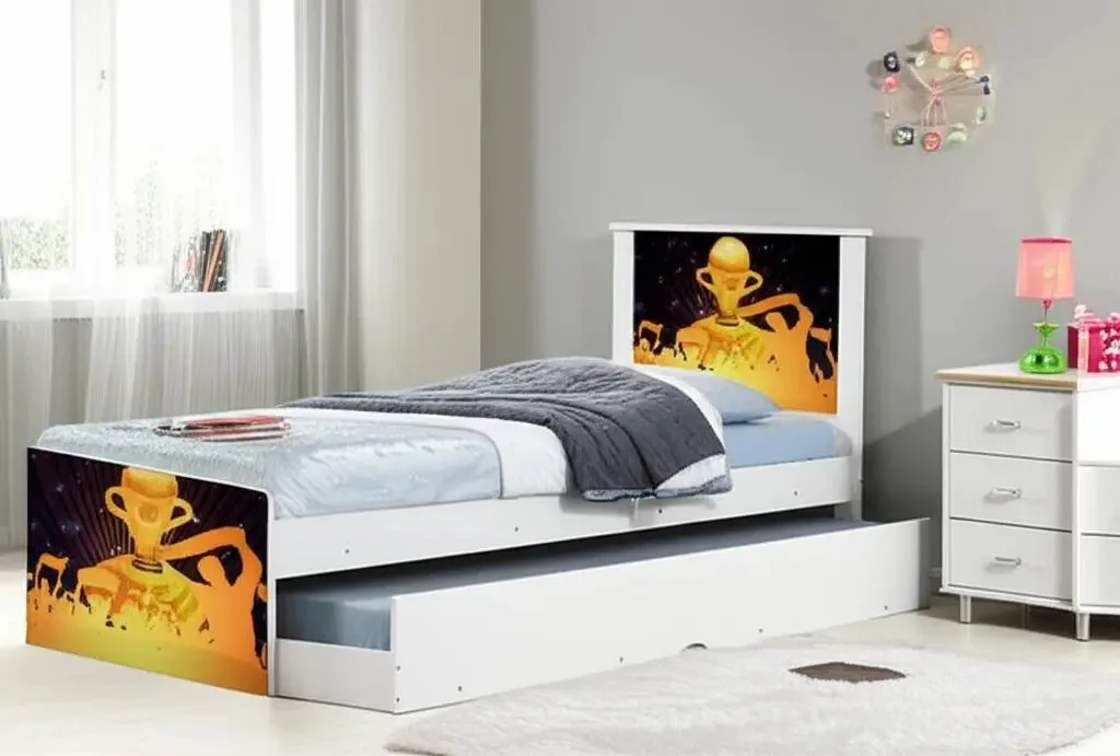 Bicama CasaH Bibox Solteiro Adesivada Futebol Troféu com 2 Colchões MDF Branco