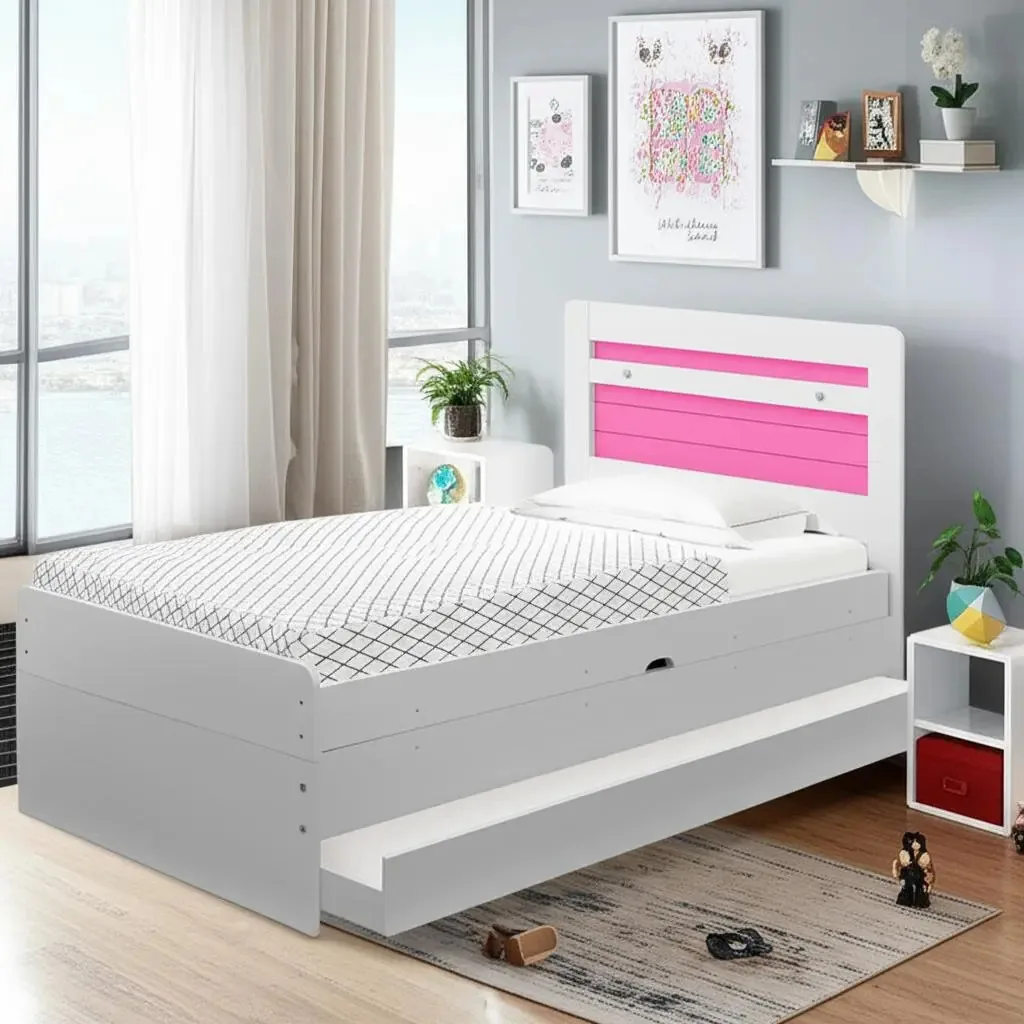 Cama Baú Solteiro Larissa CasaH Branco Rosa Com Colchões e Auxiliar