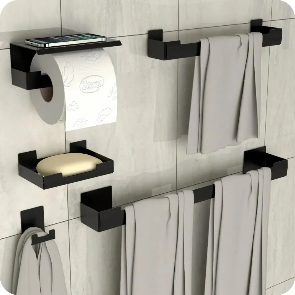 Kit Acessórios Para Banheiro Preto Adesivo 5pçs ELG