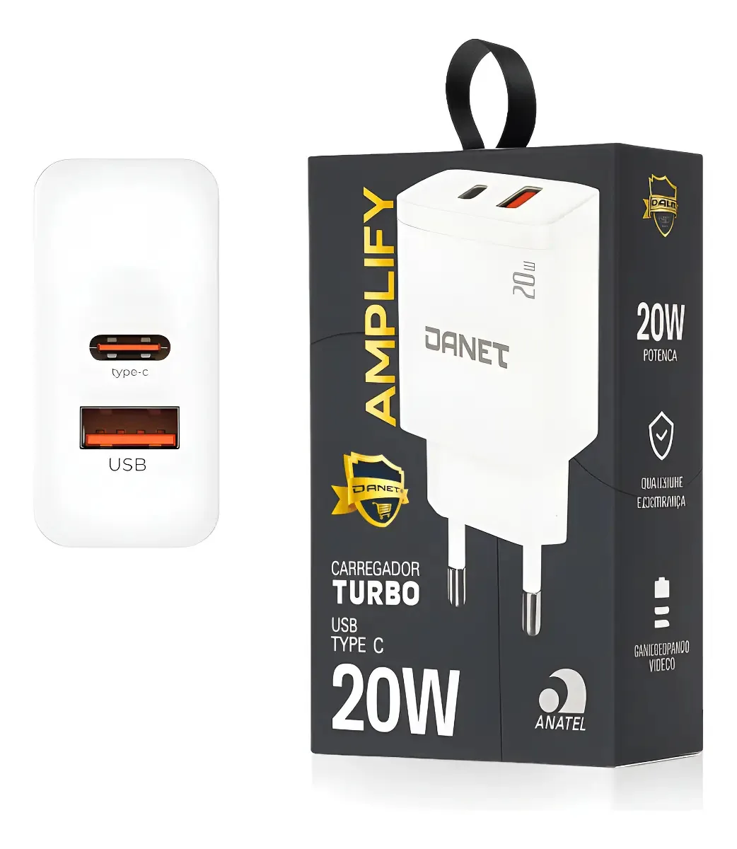 Danet Carregador De Parede Duplo Amplify Pd 20w Turbo Com Saídas Usb-c E Usb-a Bivolt