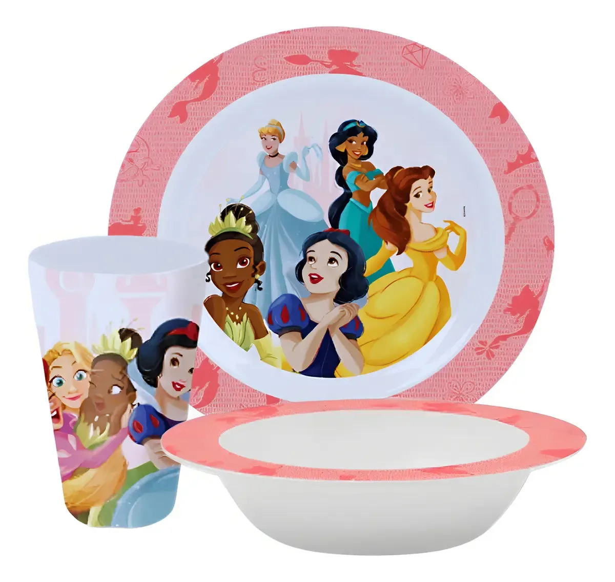 Kit Alimentação Infantil Personagens - Prato E Copo, 3 Peças Cor Rosa-claro