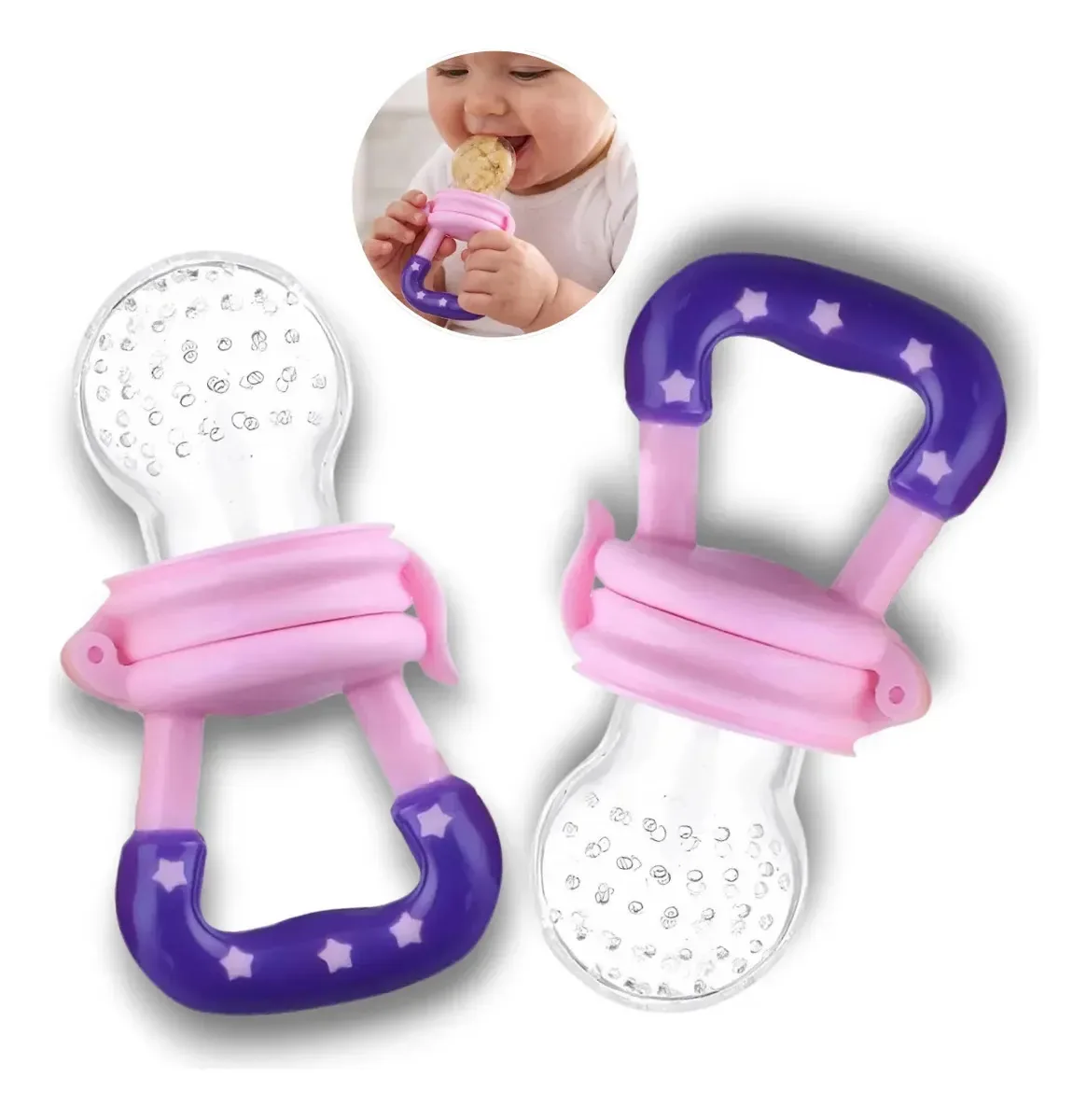 Kit 2 Chupetas Alimentadoras de Silicone Para Frutas, Rosa e Azul