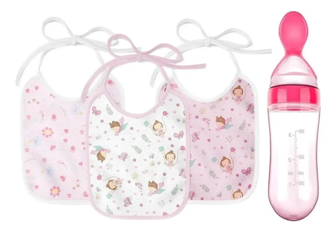 Conjunto Bambino Bebe Colher Dosadora Silicone 90mL e 3 Babadores Rosa BLW