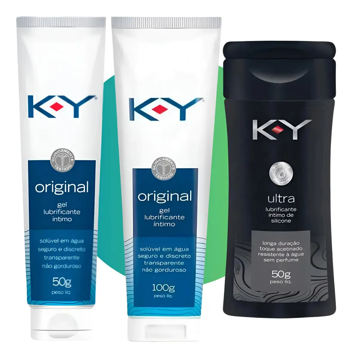 Kit K-Y com Géis Lubrificantes Íntimos: Neutro 50g e 100g e Siliconado Premium 50g