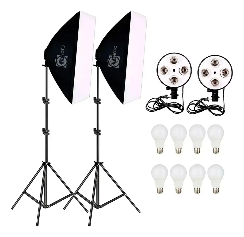 Kit Softbox Duplo Quadruplo para Estúdio Fotográfico Profissional C/ Tripés 2m E 8 Lâmpadas Led 18w T-photo
