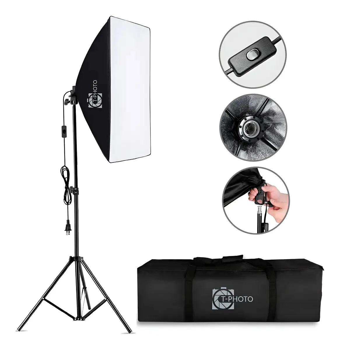 Kit Iluminação Luz Contínua Softbox 50x70 E27 C/ Tripé 2m Para Estúdio Fotográfico Profissional T-photo