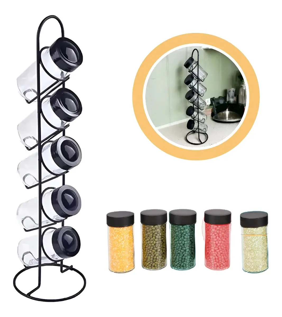 Porta Temperos Vertical Em Casa Tem 5 Potes Vidro Tampas Dosadoras 90ml