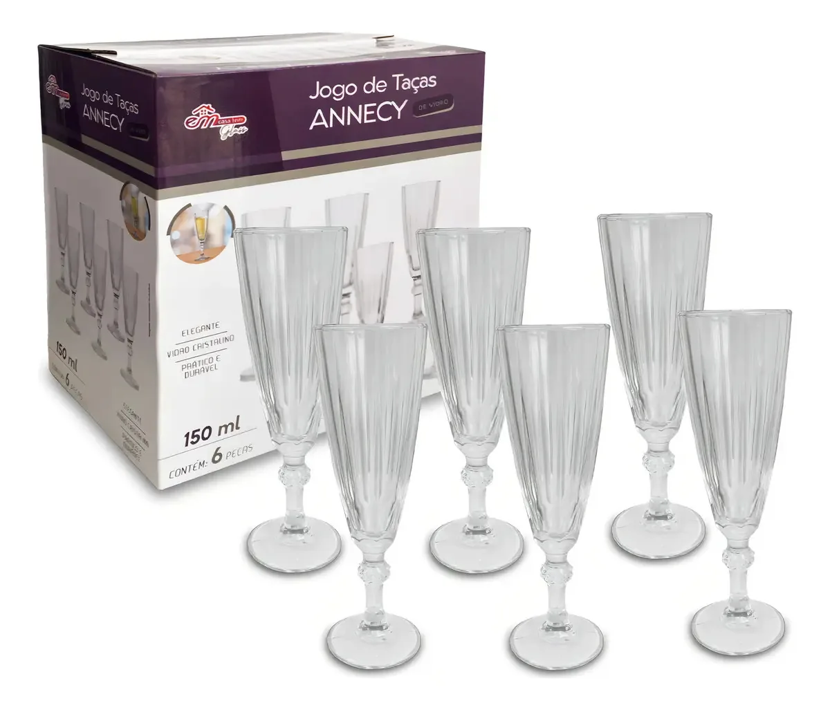 Jogo 6 Taças Champanhe Espumante Vidro Transparente 150ml