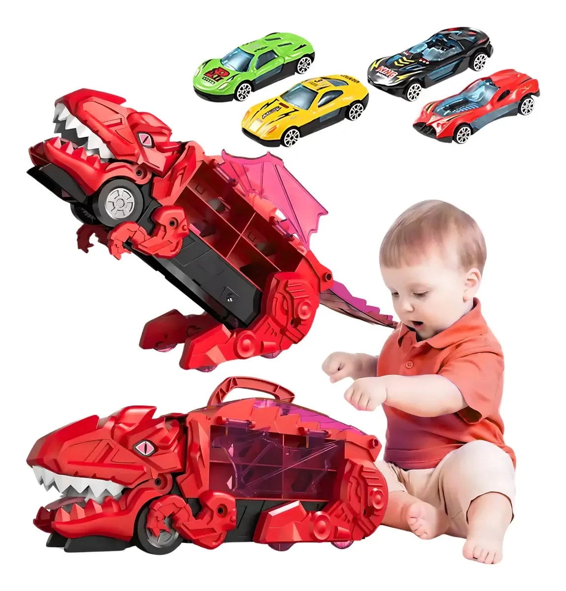 Caminhão Dinossauro Pista Leva Carrinho Infantil Brinquedo Cor Vermelho