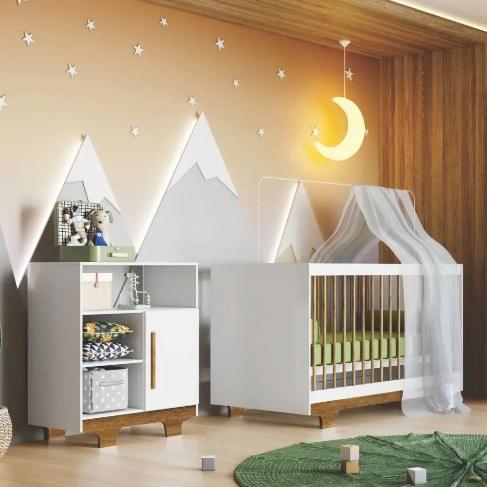 Quarto Bebê Mdf Berço Minicama Colchão Cômoda Branco/ypê